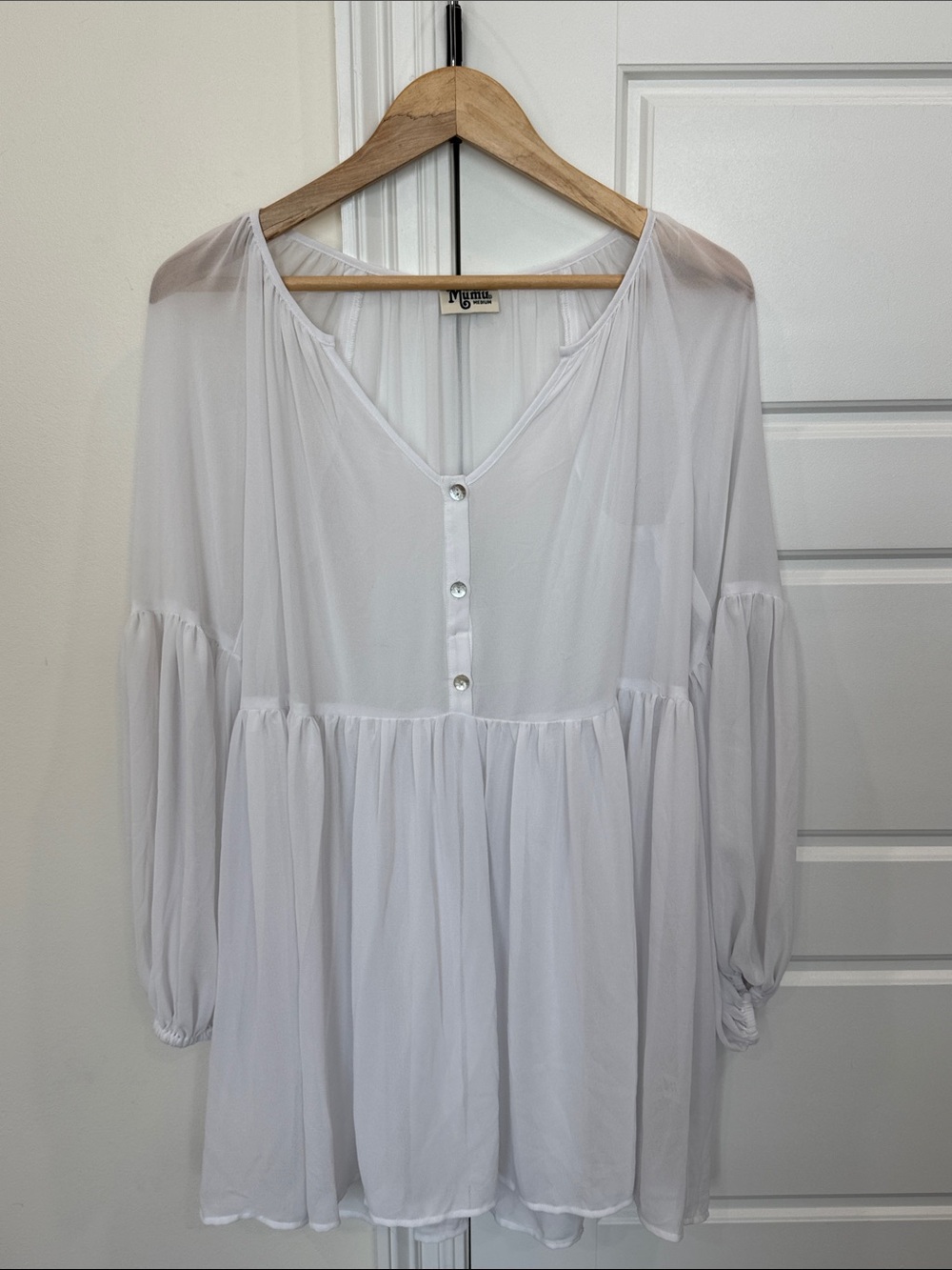 Show Me Your Mimi White Sheer Dress w/ Mother of Pearl Buttons, size Medium